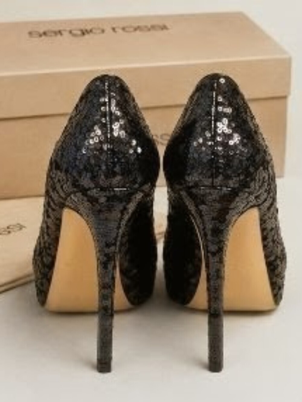 NEW SERGIO ROSS BLACK SEQUINS LEATHER OPEN TOE STILETTO HEELS 40.5 / 9.5 M / BOX